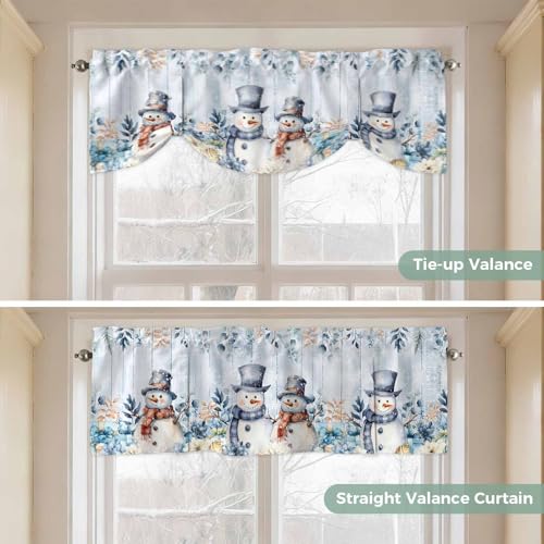 Blue Snowman Christmas Tie Up Valance Curtains for Windows, 54x18 Inches, Pack of 1