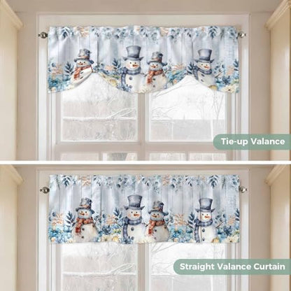 Blue Snowman Christmas Tie Up Valance Curtains for Windows, 54x18 Inches, Pack of 1