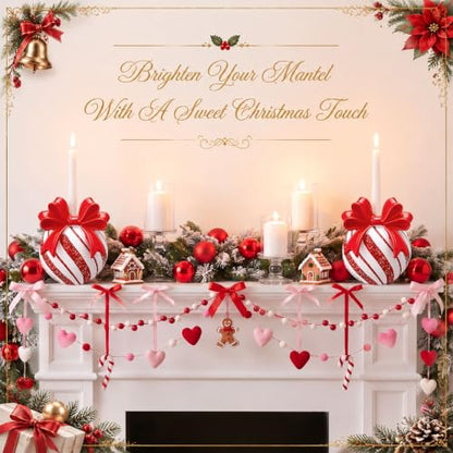 Christmas Bow Candy Ball Candle Holders - Set of 2 Red White Resin Holiday Decor