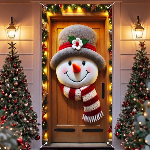 Christmas Front Door Cover Snowman Pattern Holiday Banner 35x71in Polyester