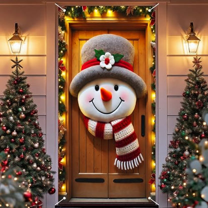 Christmas Front Door Cover Snowman Pattern Holiday Banner 35x71in Polyester