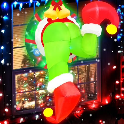 4Ft Christmas Inflatable Outdoor Decorations with LED Lights - Grinch Wreath & Window Breakout