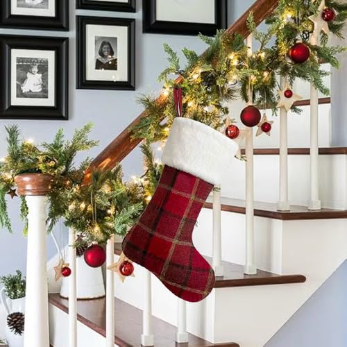 Large Christmas Stockings Plush Velvet Faux Fur Red Plaid Holiday Decor