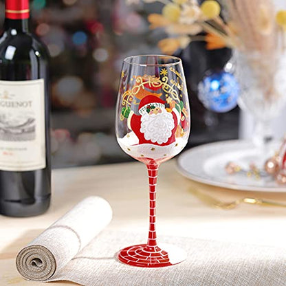 Hand Painted Santa Reindeer Wine Glass - Christmas Gift 15 oz - Variation: Santa Claus & Elk