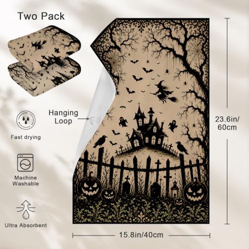 Halloween Kitchen Towels 2 Pack with Hanging Loop - Decorative & Absorbent