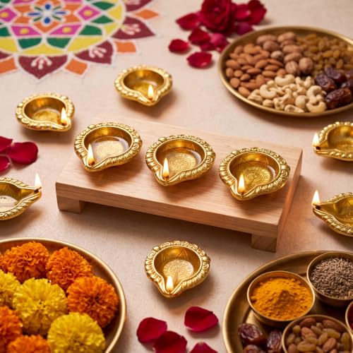 50 Pcs Brass Diya Oil Lamps for Pooja Diwali Decor Lotus Design - Reusable