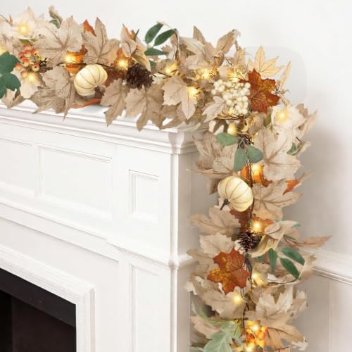 1 pcs 6Ft Fall Leaves Garland with Lights for Mantel Decor Pumpkin Pinecone Berry