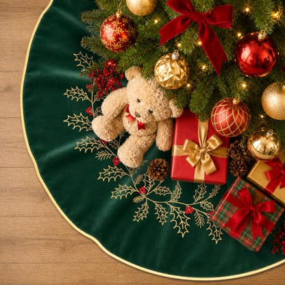 Christmas Tree Skirt 36 Inch Green Velvet with Embroidered Holly Leaves - Leaf Green