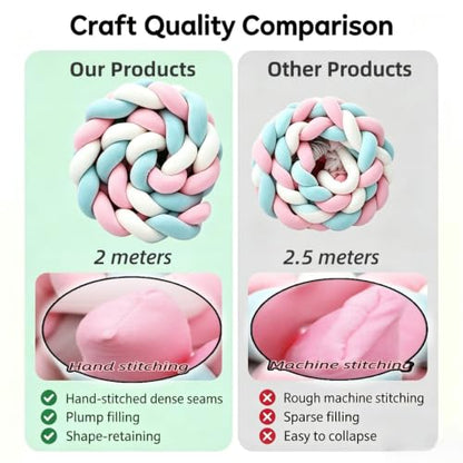 Mixed-Color Handmade 3-Strand Braided Knot Pillow - Soft Plush Decorative Throw, 141.7in (3.6m) - White Pink Grey