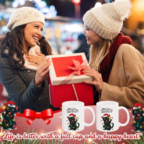 Christmas Black Cat Coffee Mug Set - 11oz Ceramic Cups for Holiday Gift