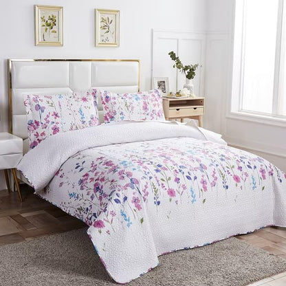 Purple Floral Quilted Bedspread Set for Queen/Full Size Bedding - Lilac Flower Design