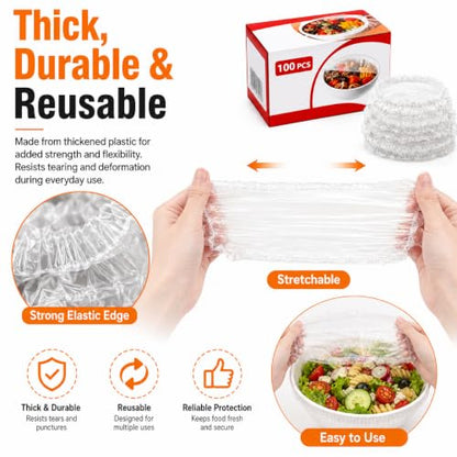 100 Pcs Food-Grade Plastic Wrap with Elastic Covers for Food Preservation - Reusable & Durable