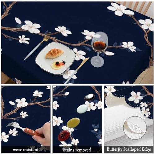 Cherry Blossoms Tablecloth 52x70 Inch Rectangular Navy Blue & White Flower Design - Wipeable Kitchen Dining Decor