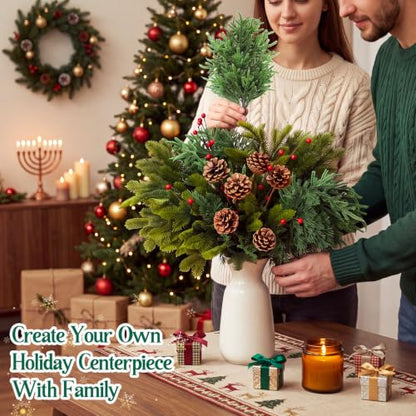 Artificial Christmas Greenery Picks Set with Cedar, Berries & Pine Cones