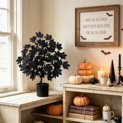 Artificial Black Maple Tree in Pot - 25.6 Inch Faux Fall Plant Gothic Decor - Black Variation