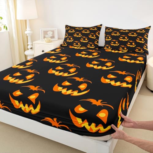 Kids Halloween Bed Sheets Set Full Size Trick or Treat Bedding with Deep Pockets - Black Yellow Orange