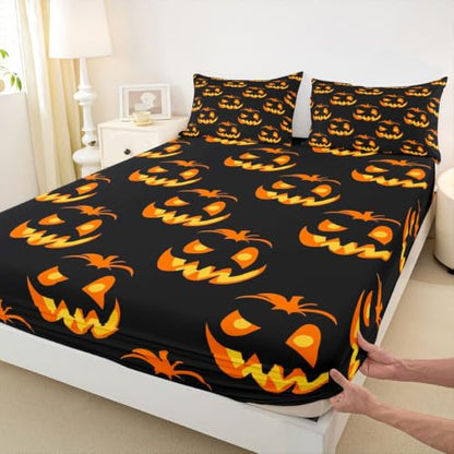 Kids Halloween Bed Sheets Set Full Size Trick or Treat Bedding with Deep Pockets - Black Yellow Orange