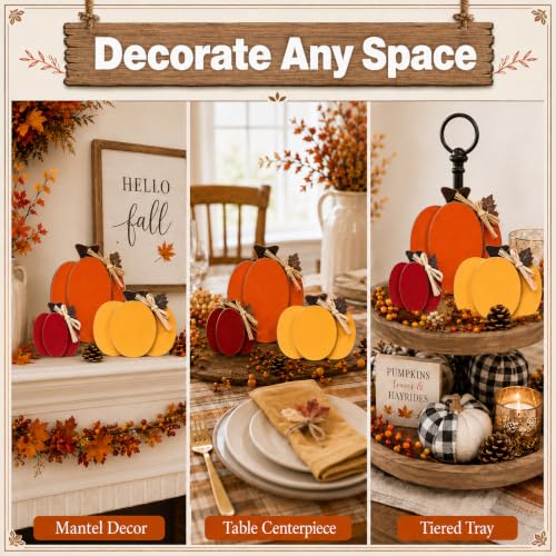 Wooden Pumpkin Fall Decor Set - 3 Rustic Indoor Pumpkins Rich Red Orange Yellow