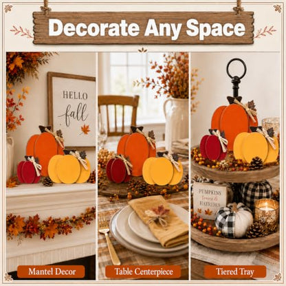Wooden Pumpkin Fall Decor Set - 3 Rustic Indoor Pumpkins Rich Red Orange Yellow