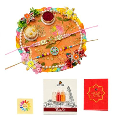Raksha Bandhan Gift Set with Decorative MDF Pooja Plate, Roli Chawal & Rakhis