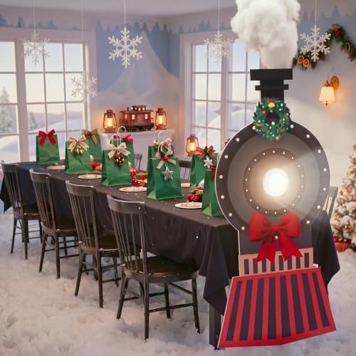 Christmas Train Decoration Set with Cardboard Locomotive, Lights & Table Runner
