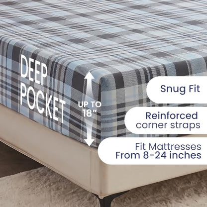 Deep Pocket King Fitted Sheet - Blue Gray Plaid, Fits 18 Inch Mattresses