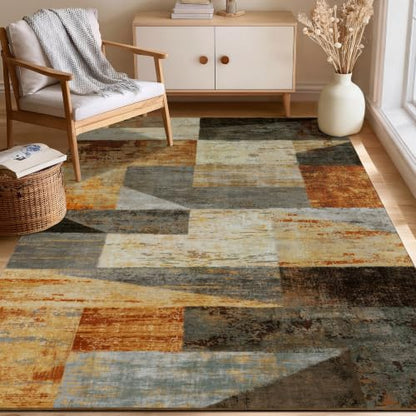 Modern Geometric Washable Area Rug 5x7 Feet - Distressed Multi Variation