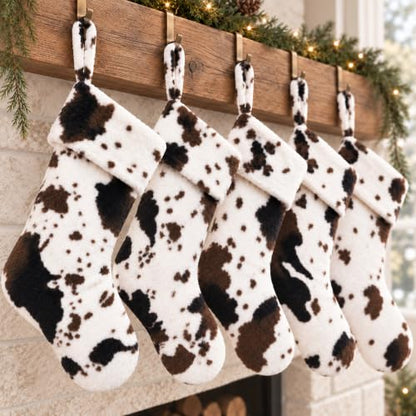 Cow Print Christmas Stockings Set of 5 - Faux Fur Farmhouse Holiday Decor - 20 Inch