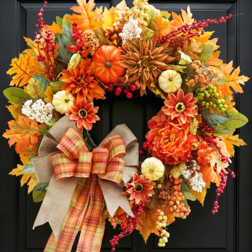 Fall Front Door Wreath 24In with Plaid Bow & Autumn Dahlias - Rustic Decor