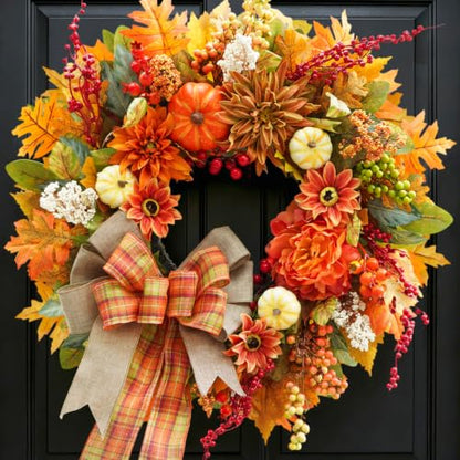 Fall Front Door Wreath 24In with Plaid Bow & Autumn Dahlias - Rustic Decor