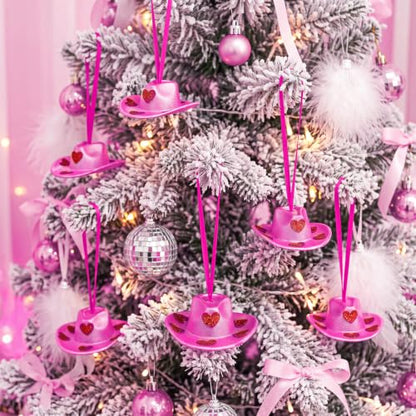 12 Pcs Western Christmas Cowgirl Hat Ornaments - Glitter Heart Pink Variation of THIS listing