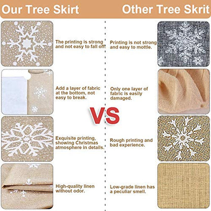 48 Inch Christmas Tree Skirt Burlap Snowflake Farmhouse Decor with Fur Edge