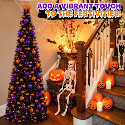 Halloween Pop-up Black Wire Tree with Pumpkin Top, 5ft Tinsel Tree with Lights & Ornaments - Variation of THIS listing
