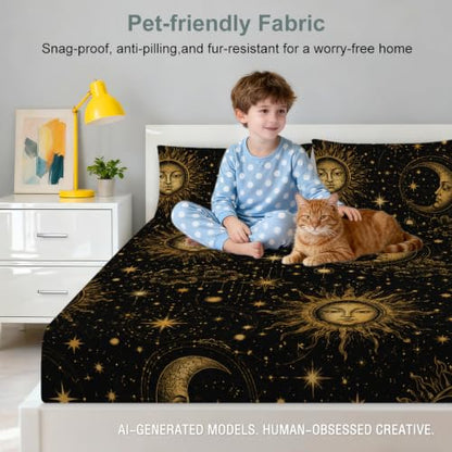 Galaxy Fitted Sheet Set King Space Bedding with Sun Moon Stars - Gold Sun Moon / King