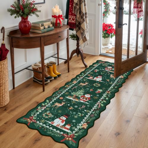 Green Christmas Runner Rug 2x6 Feet Scalloped Holiday Decor Non-Slip