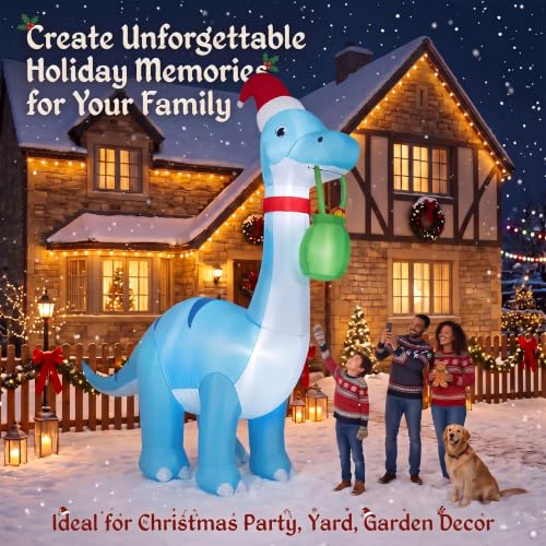 12FT Blue Dinosaur Christmas Inflatable Decoration with Hat & Gift Sack - Kendane
