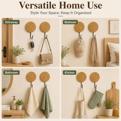 Large Woven Rattan Wall Hooks Set - Boho Coat & Hat Hangers, 2 Pack