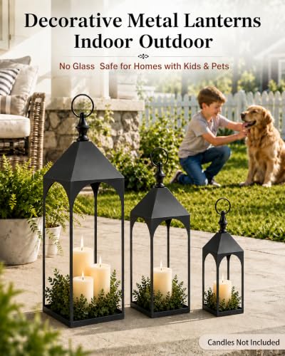 Large Outdoor Floor Lantern Set of 3 - Black Metal Garden Lanterns for Porch & Patio