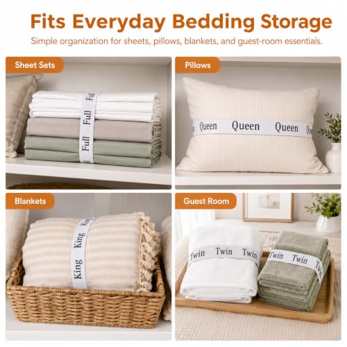 20 Pack Bed Sheet Organizer Bands with Size Labels for Linen Closet Storage