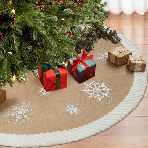 60 Inch Christmas Tree Skirt Burlap with Fur Border Snowflake - Large Holiday Decor
