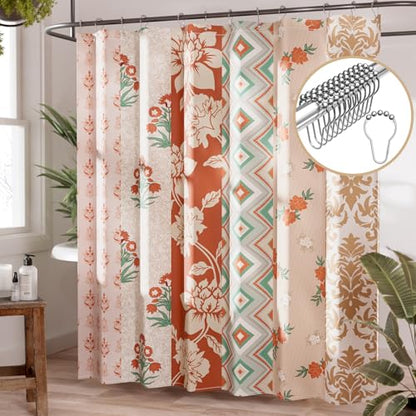 AmazerBath Floral Shower Curtain, 72x72 Washable Cloth Red Boho Flower Shower Curtains for Bathroom, Fabric Aesthetic Bohemia Shower Curtain Set with Hooks, Modern Decorative Stall RV Shower Curtain