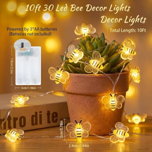 Bee Decor String Lights 10ft with 30 Honeybee LED Bulbs - Battery Operated, Indoor & Outdoor Party Decor - Variation: Bee
