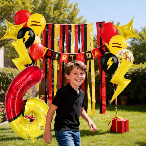 Lightning Theme 40 Inch Digit Foil Balloon Set - Red Yellow Black Party Decorations with Star & Lightning Balloons, Indoor Outdoor Celebration Supplies (Variation 6)