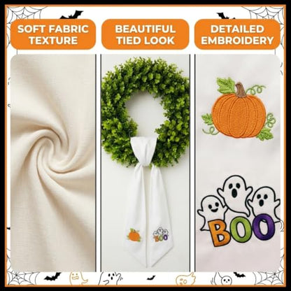 Fall Halloween Wreath Sash with Embroidered Ghost and Pumpkin - 59 Inch Seasonal Decor
