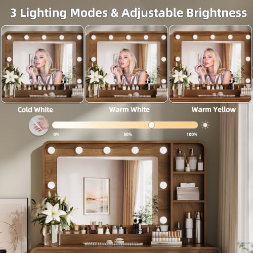 60-Inch Walnut Makeup Vanity Desk with Mirror, 9-LED Lights, 6 Drawers & Cabinet