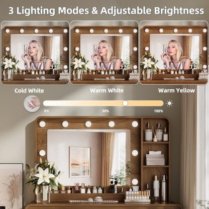 60-Inch Walnut Makeup Vanity Desk with Mirror, 9-LED Lights, 6 Drawers & Cabinet