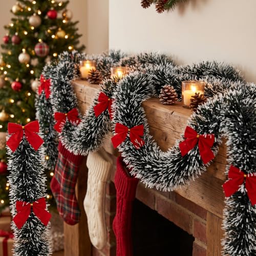 Christmas Tinsel Garland with Red Bows - Bow Style, 19.7 Feet