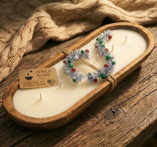 Christmas Tree Soy Candle in Rustic Wooden Dough Bowl - 6 Wick, 32oz