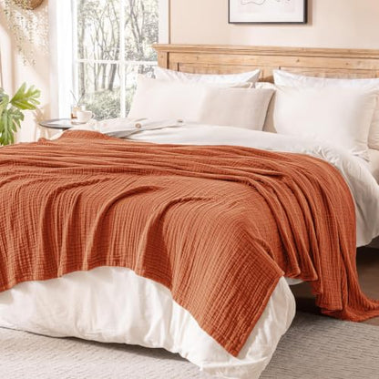 Cotton Muslin Blanket Twin Size 6-Layer Breathable Cooling Bed Cover - Burnt Orange