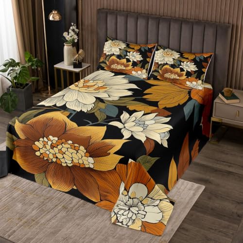 Feelyou King Size Floral Bedspread Set with Pillowcases - Spring Boho Quilted Coverlet in Black White Green Yellow